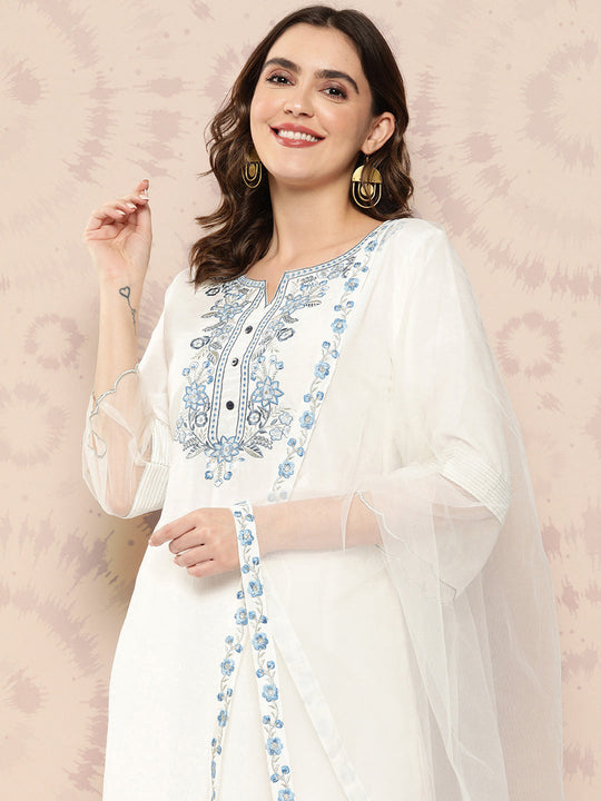 Indo Era White Floral Embroidered Regular Thread Work Kurta With Trousers & Dupatta