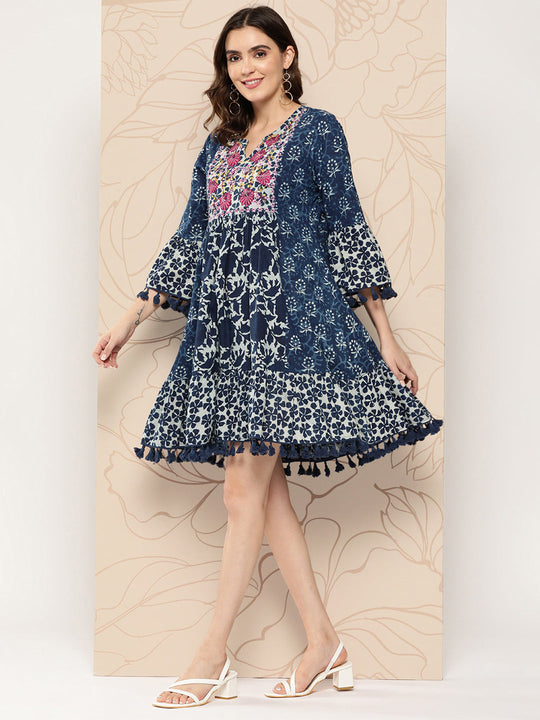 Indo Era Blue Floral Embroidered Bell Sleeves With Pom-Pom Detail A-Line Dress