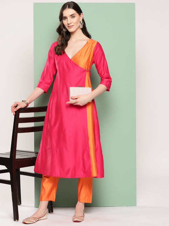 Indo Era Pink Colourblocked A-Line Kurta Trousers Set