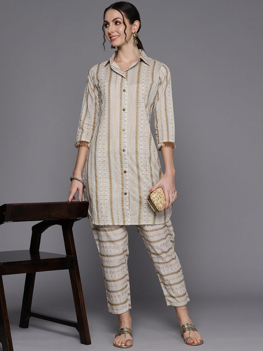 Indo Era Off White Striped Regular Pure Cotton Kurta with Trousers