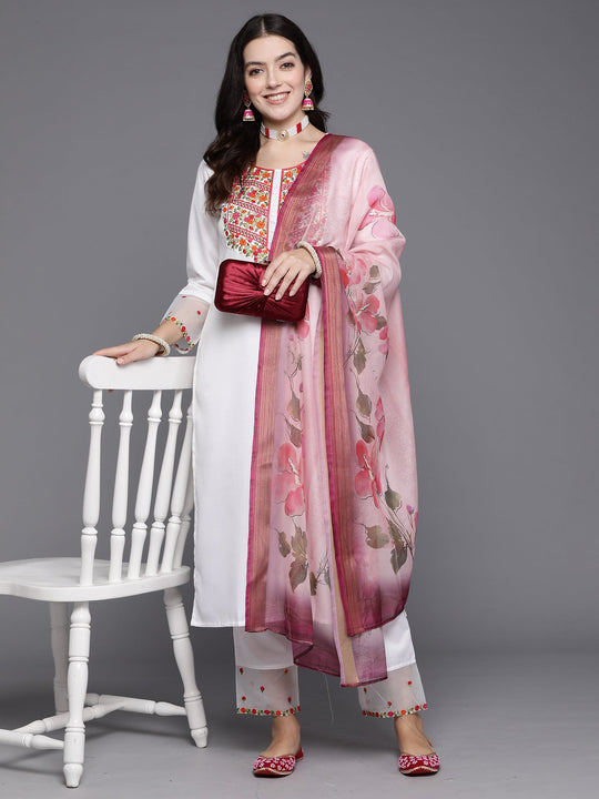 Indo Era White Embroidered Straight Kurta Trousers With Dupatta Set