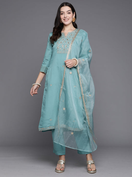 Indo Era Blue Embroidered Straight Kurta Trousers With Dupatta Set