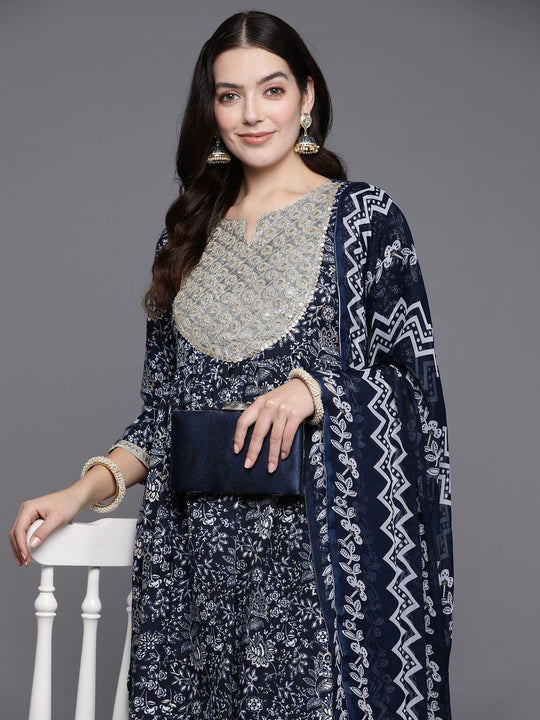 Indo Era Blue Embroidered A-Line Kurta Trousers With Dupatta Set