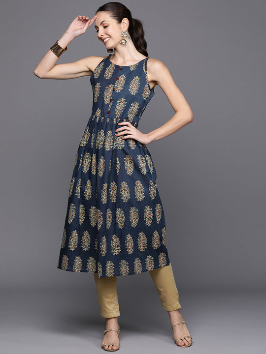Indo Era Blue Ethnic Motifs Printed A-Line Kurta