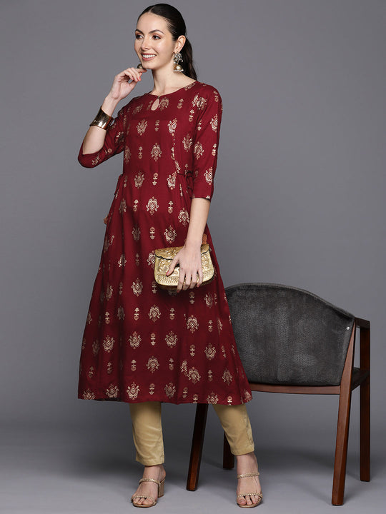 Indo Era Maroon Ethnic Motifs Printed Tie-Up Detail A-Line Kurta