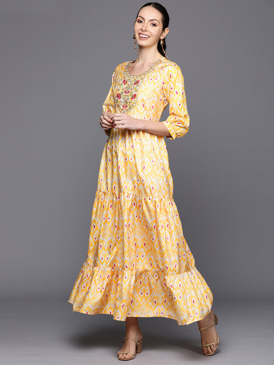 Indo Era Yellow Printed Embroidered Tiered Maxi Dress