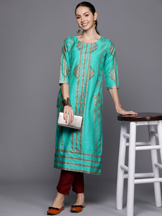 Indo Era Sea Green Ethnic Motifs Printed Straight Kurta