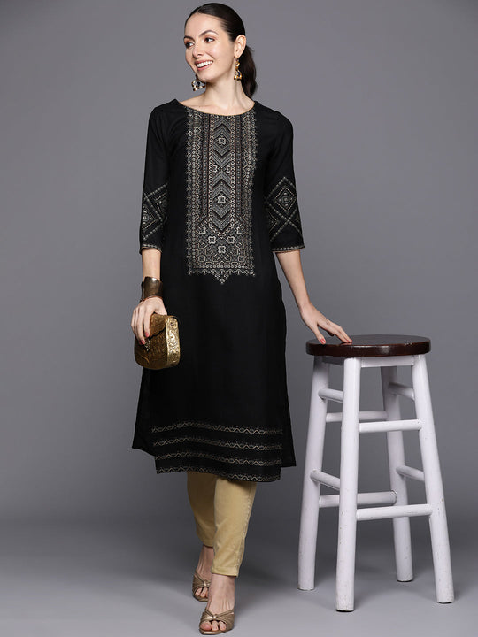 Indo Era Black Ethnic Motifs Foil Printed Straight Kurta