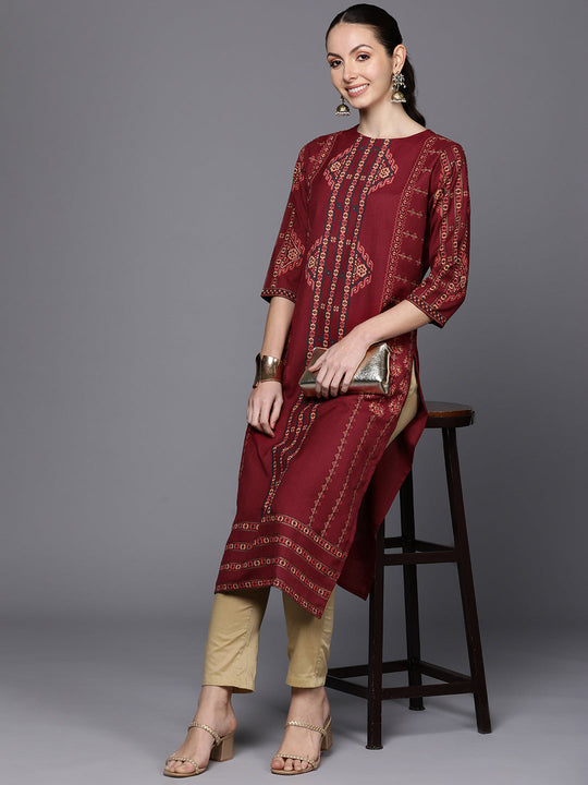 Indo Era Maroon Ethnic Motifs Foil Printed Straight Kurta