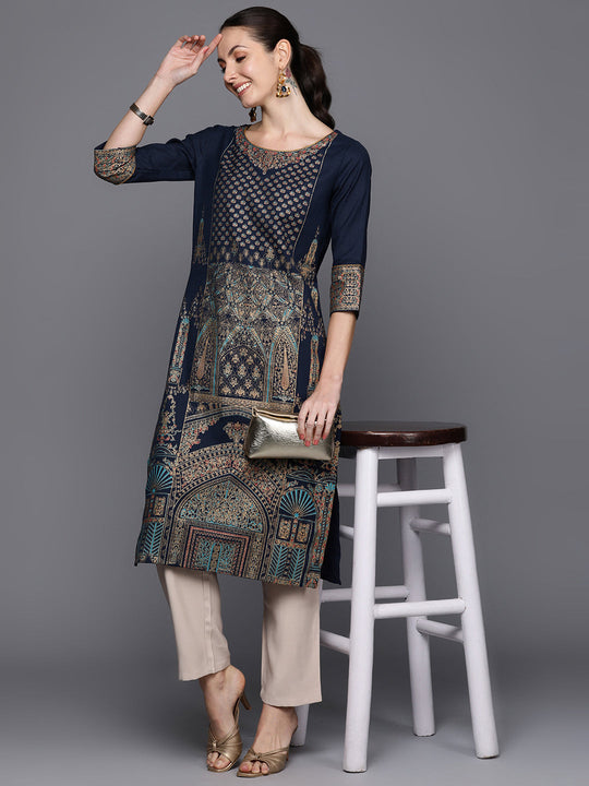 Indo Era Navy Blue Foil Printed Straight Kurtas