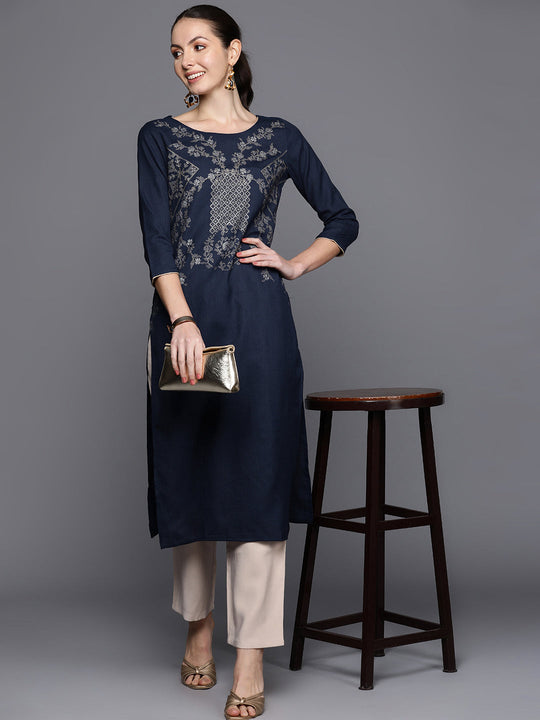 Indo Era Navy Blue Foil Printed Straight Kurtas