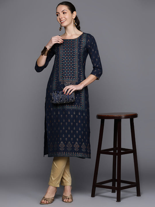 Indo Era Navy Blue Foil Printed Straight Kurtas