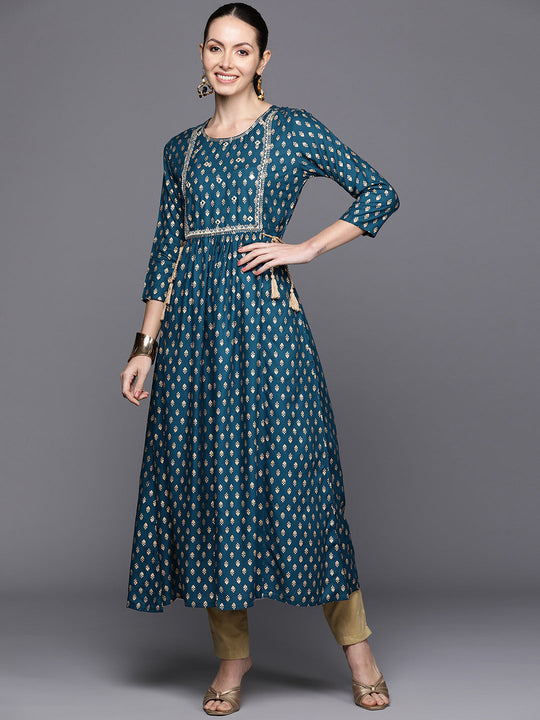 Indo Era Blue Ethnic Motifs Printed Mirror Work & Tie-Up Detail A-Line Kurta