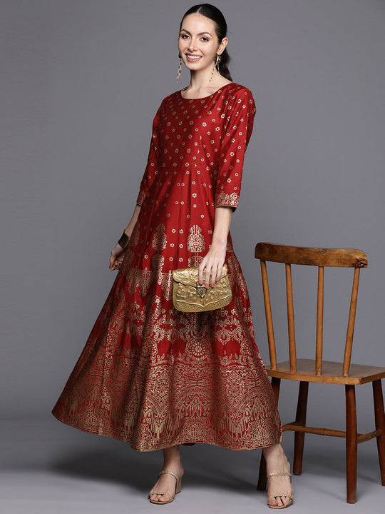 Indo Era Red Ethnic Motifs Printed Gathered Detail Maxi Ethnic A-Line Dress