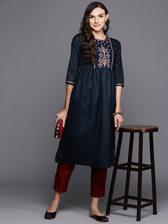 Indo Era navy blue, pink Floral Yoke Design Kurta