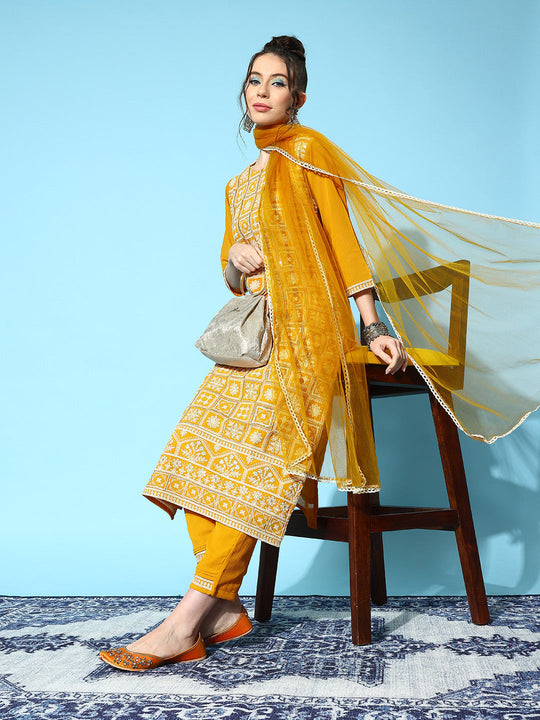 Indo Era Mustard Embroidered Straight Kurta Sharara With Dupatta Set