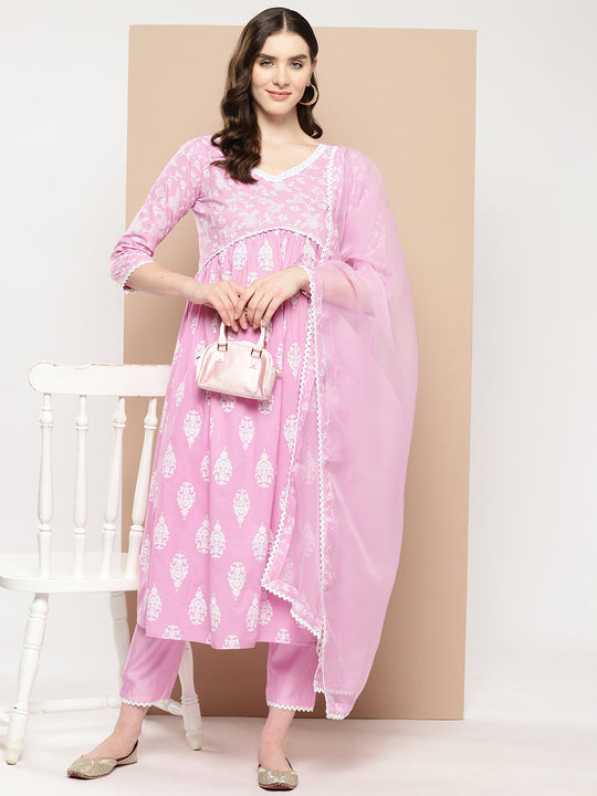 Indo Era Lavender Printed A-Line Kurta Trousers With Dupatta Set
