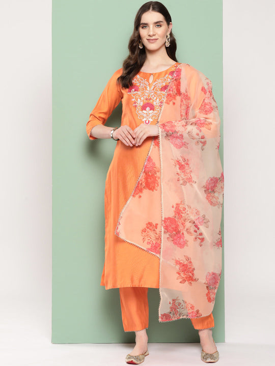 Indo Era Orange Embroidered Straight Kurta Trousers With Dupatta Set