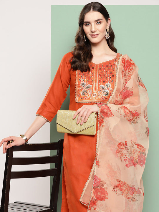 Indo Era Orange Solid Straight Kurta Palazzos With Dupatta Set