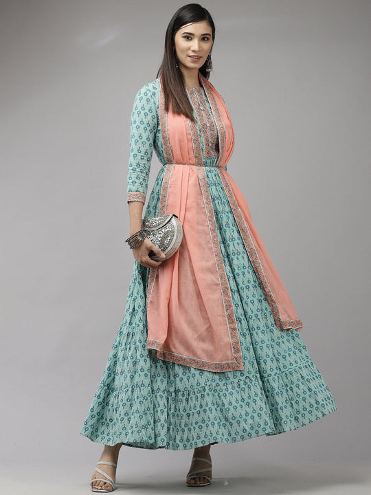 Indo Era Sea Green Printed A-line Dress With Dupatta Set