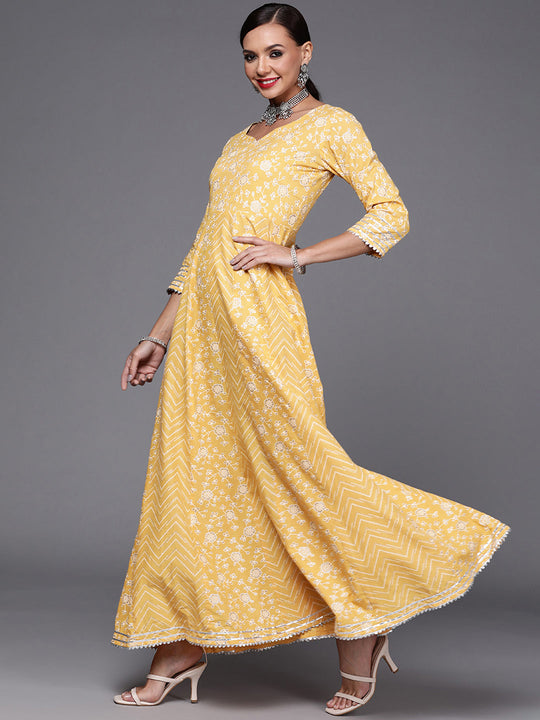 Indo Era Yellow Floral Printed A-line Dresses With Dupatta Set