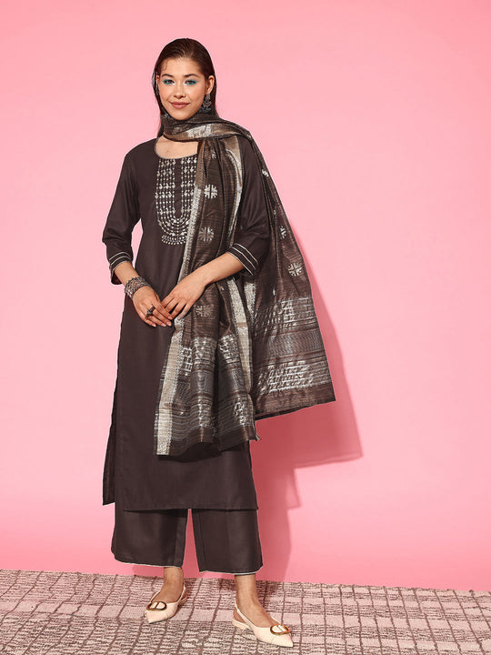 Indo Era Brown Ethnic Motifs Embroidered Regular Kurta with Palazzos & With Dupatta