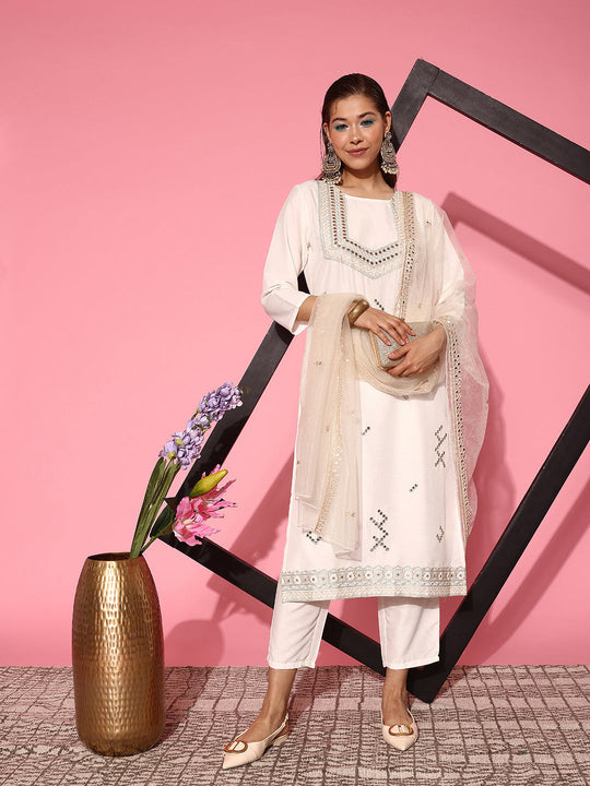 Indo Era White Embroidered Regular Mirror Work Kurta with Trousers & With Dupatta
