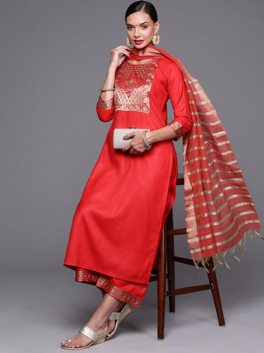 Indo Era Solid Red Straight Kurta Palazzo With Dupatta Set