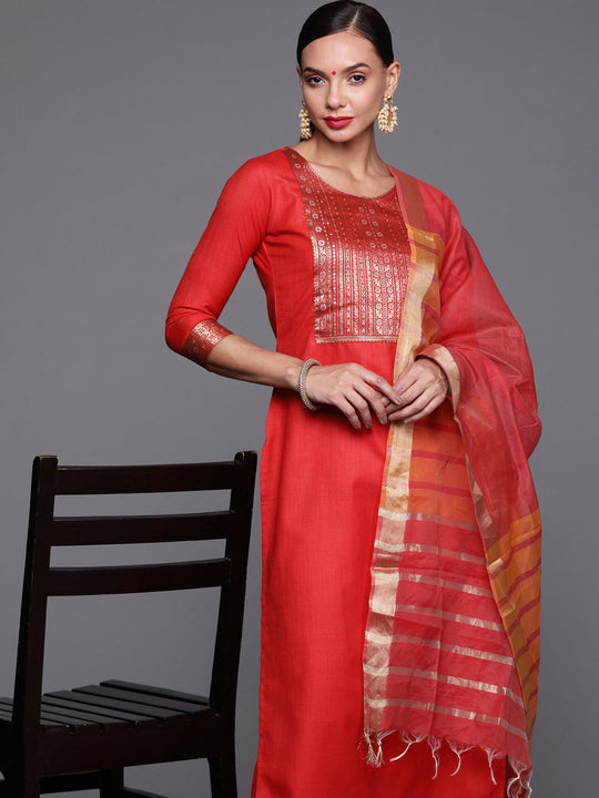 Indo Era Solid Red Straight Kurta Palazzo With Dupatta Set