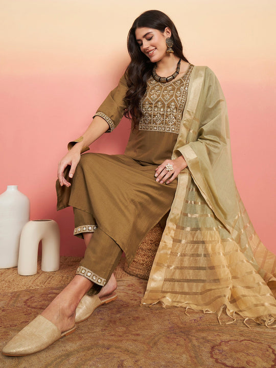 Indo Era Olive Green Embroidered Straight Kurta Trousers With Dupatta Set