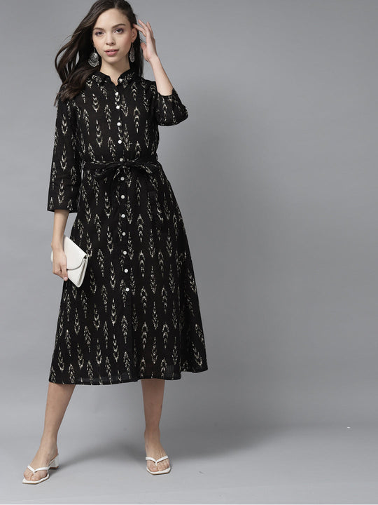 Indo Era Black Ikat Printed A-line Dress With Belt