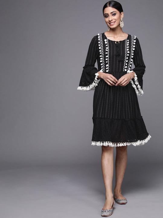 Indo Era Black Embroidered A-line Dress
