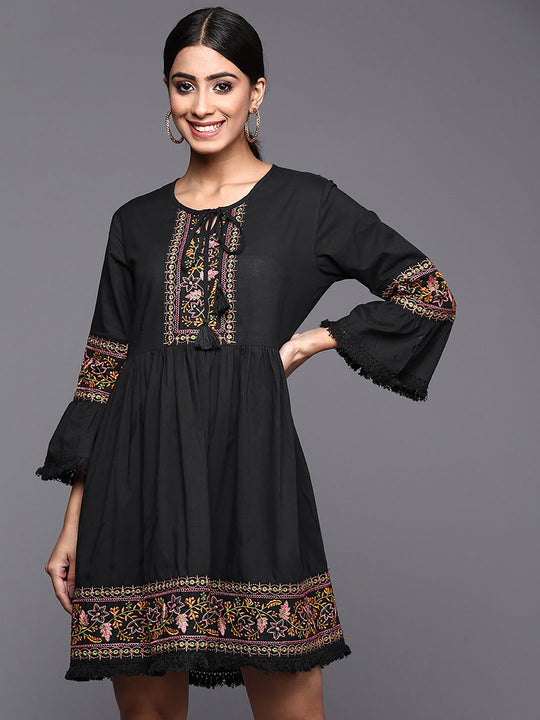 Indo Era Black Embroidered A-Line Ethnic Dress