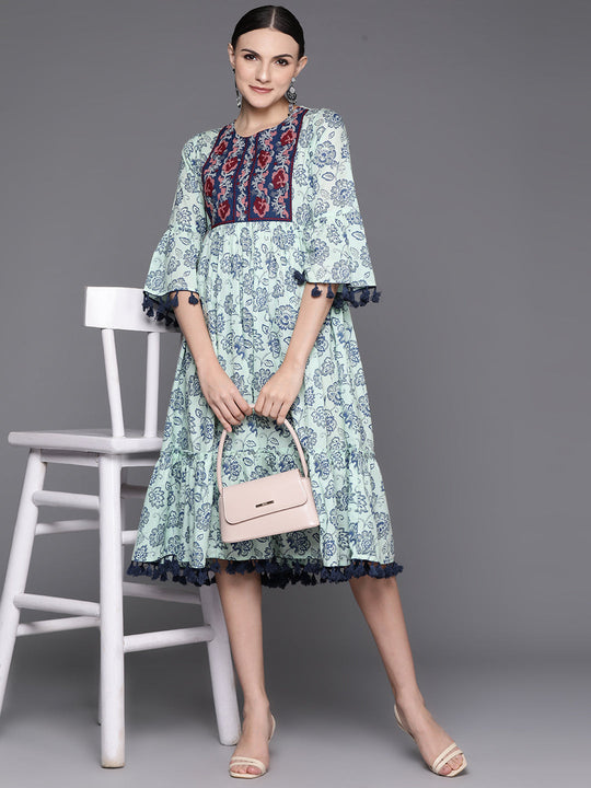 Indo Era Blue Embroidered A-Line Ethnic Dress