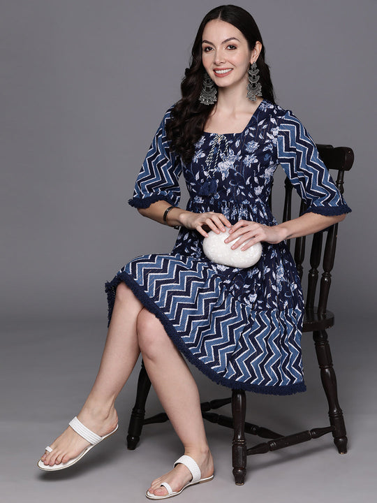 Indo Era Blue Floral Print Tie-Up Neck Flared Sleeves A-Line Ethnic Dress