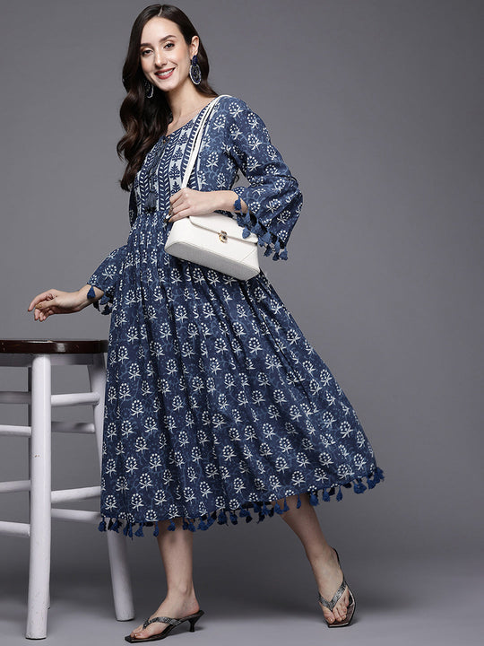 Indo Era Blue Flared A-Line Dresses