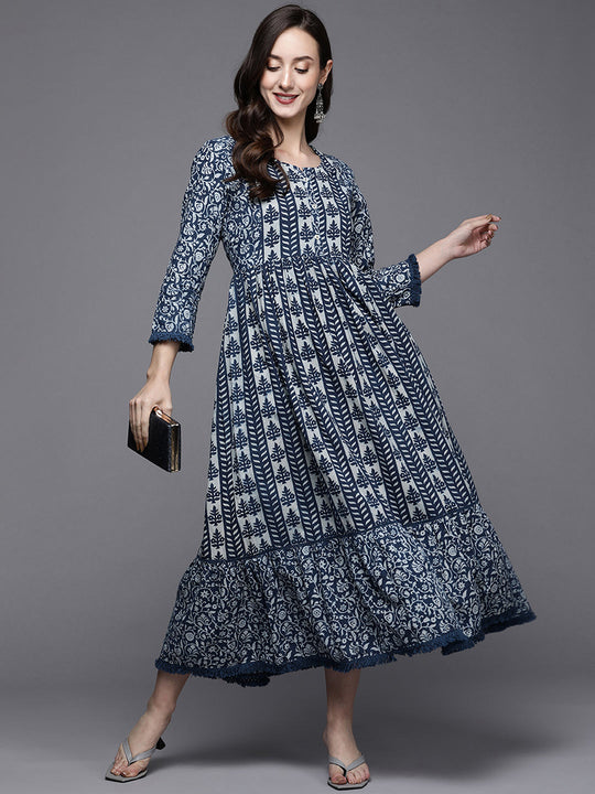Indo Era Blue Flared A-Line Dresses