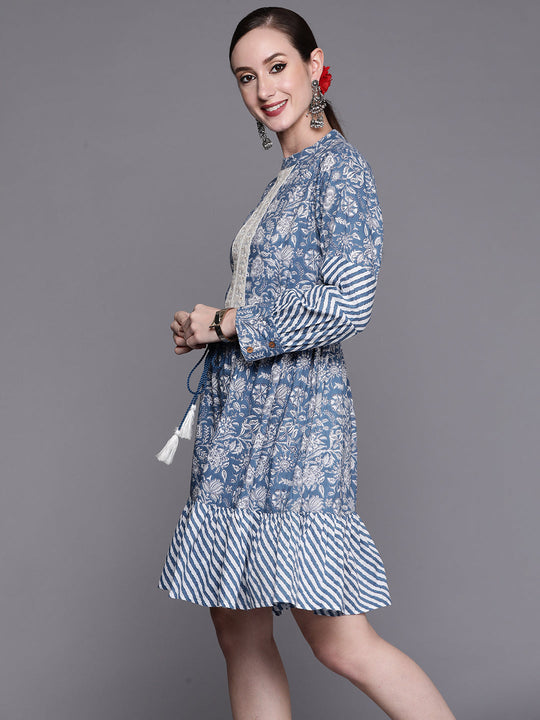 Indo Era Blue Printed A-Line Ethnic Dress
