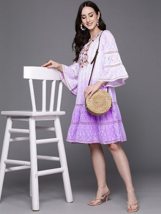 Indo Era Lavender Flared Embroidered A-Line Dresses
