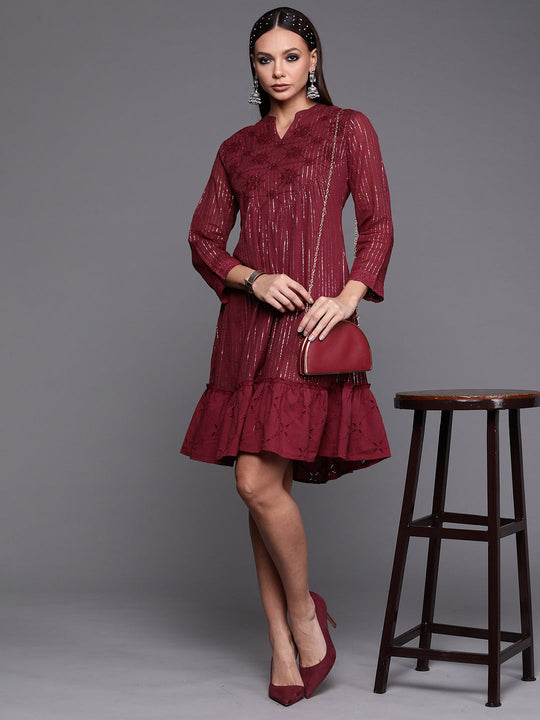 Indo Era Maroon Embroidered A-line Dresses