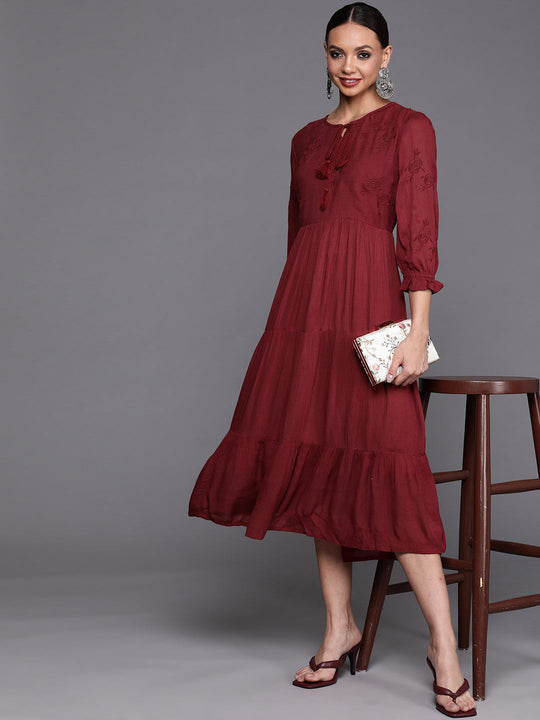 Indo Era Maroon Solid A-line Dress