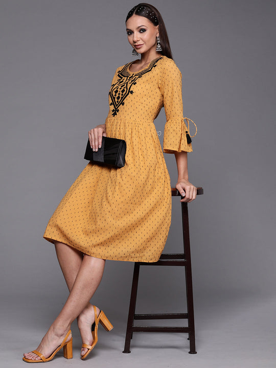 Indo Era Mustard Embroidered A-line Dresses