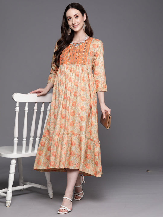 Indo Era Orange Embroidered A-Line Ethnic Dress