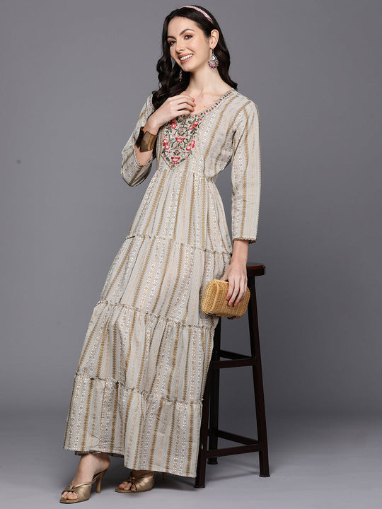 Indo Era Off White Flared Layered A-Line Dresses
