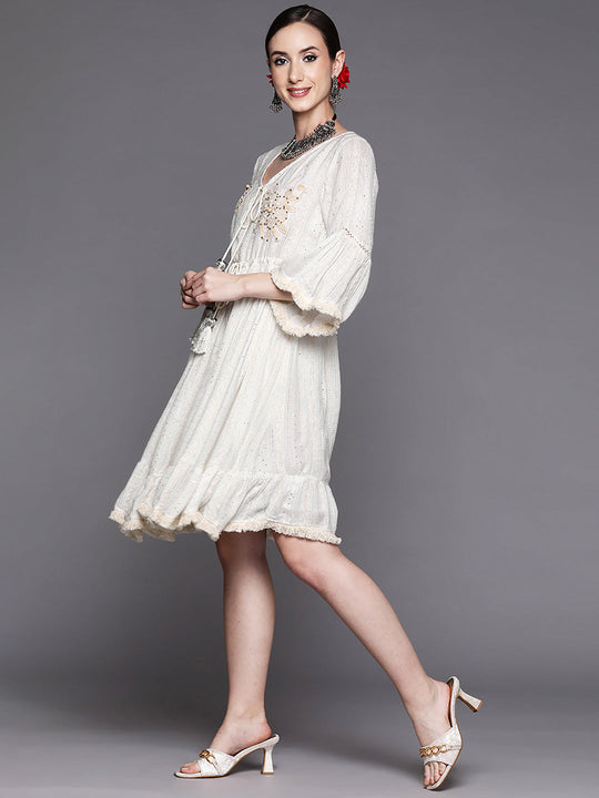 Indo Era Off White Flared Embroidered A-Line Dresses