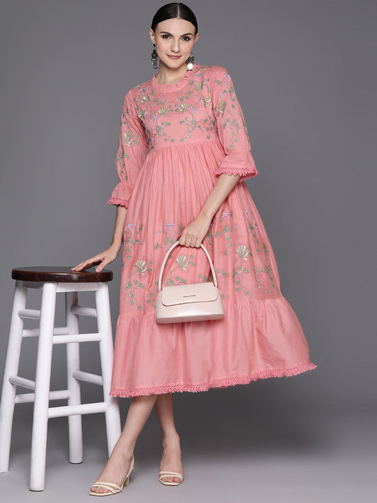 Indo Era Peach Embroidered A-Line Ethnic Dress