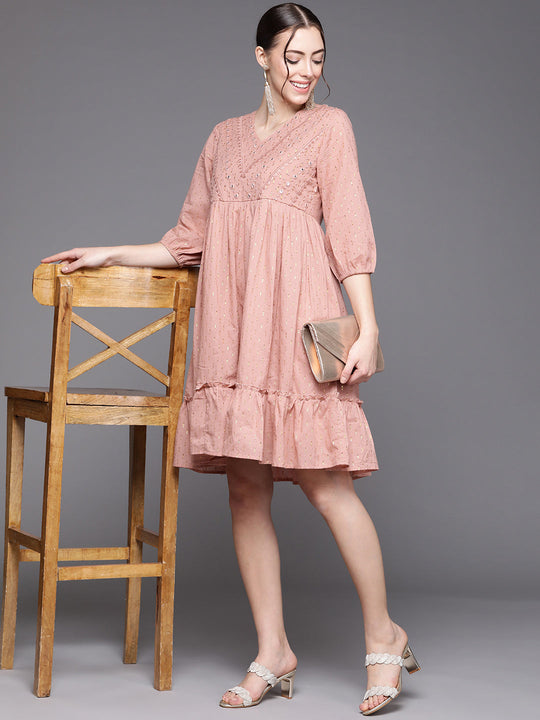 Indo Era Peach Embroidered A-line Dresses