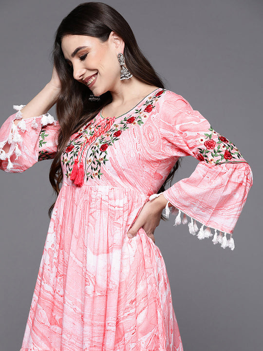 Indo Era Peach Embroidered A-Line Ethnic Dress