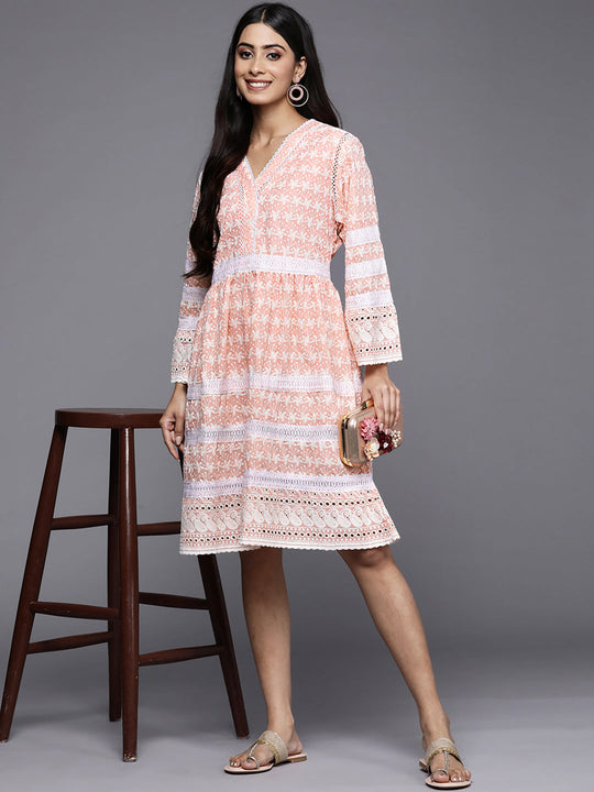 Indo Era Peach Embroidered A-Line Ethnic Dress