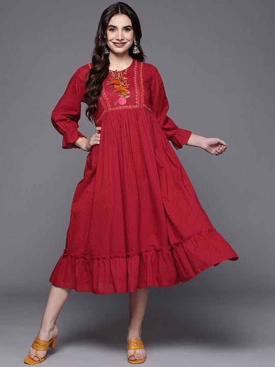 Indo Era Red Embroidered A-Line Ethnic Dress